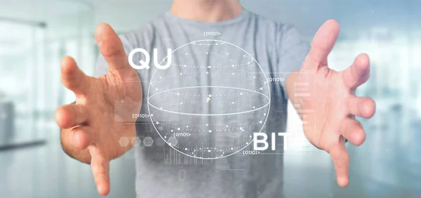 Zobacz Biznesmen Posiadający Quantum Computing Koncepcja Kubit Renderowania Ikona — Zdjęcie stockowe