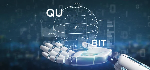Vista Cyborg Mano Celebración Quantum Concepto Computación Con Qubit Icono —  Fotos de Stock