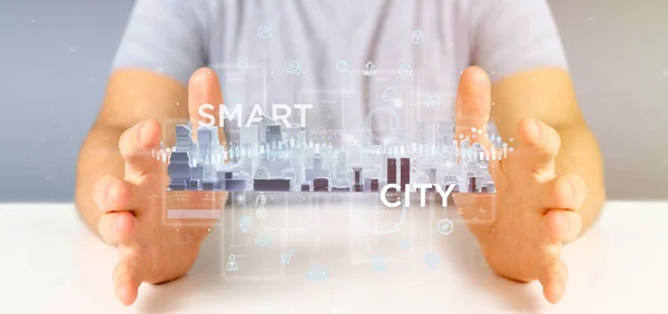 Ansicht Des Geschäftsmannes Mit Smart City Benutzeroberfläche Mit Icon Statistiken — Stockfoto