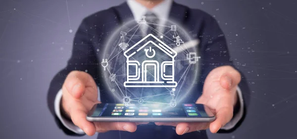 View Businessman Holding Smart Home Interface Icon Stats Data Rendering — Stock Photo, Image