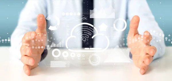 Vue Businessman Tenant Cloud Concept Wifi Avec Icône Statistiques Données — Photo