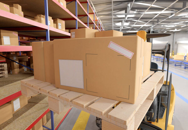Cardbox mock up view in a warehouse - 3d rendering