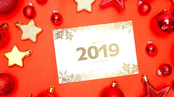 Vedere Unei Felicitări Anul Nou 2019 Decorațiuni Fundal — Fotografie, imagine de stoc