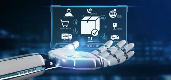 View Cyborg Hand Holding Logistic Delivery Application Screen Rendering — Stock Photo, Image