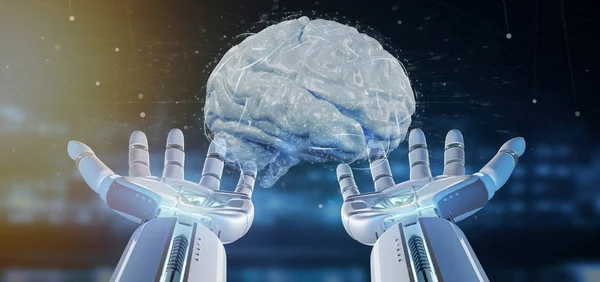 View Cyborg Hand Holding Artificial Brain Rendering — Stock Photo, Image