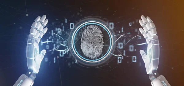 View of a Cyborg holding a Digital fingerprint identification and binary code 3d rendering