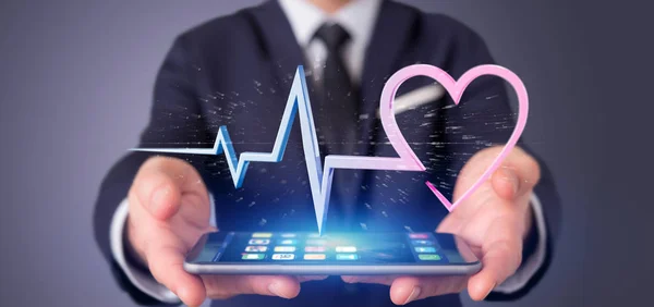 View Businessman Holding Rendering Medical Heart Curve — Stock Photo, Image