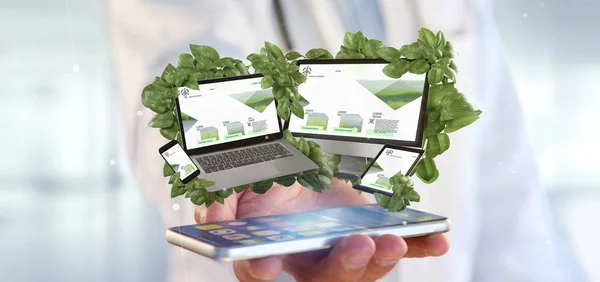 View of a Doctor holding a Connected devices surrounding by leaves 3d rendering