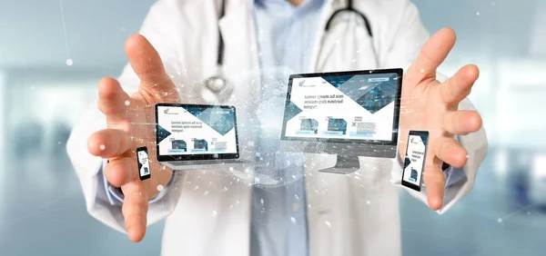 Vista Médico Segurando Dispositivos Conectados Uma Rede Negócios Global Renderização — Fotografia de Stock