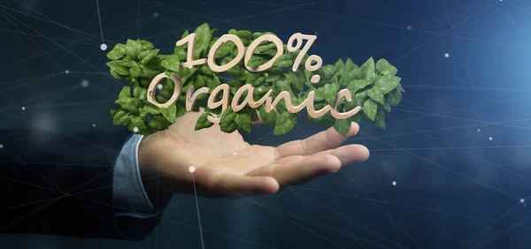 View Businessman Holding Wooden Logo 100 Organic Leaves Rendering — Stock Photo, Image