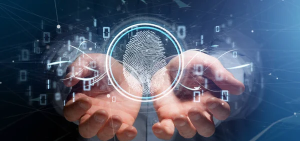 View Businessman Holding Digital Fingerprint Identification Binary Code Rendering — Stock Photo, Image