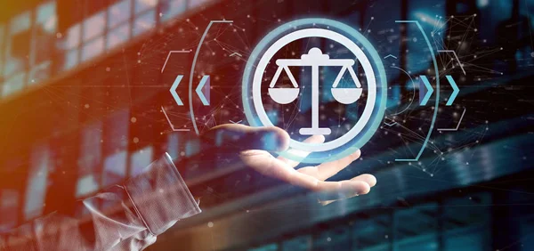 Bir teknoloji adalet simgesi üzerinde bir daire 3d render tutan bir adam görünümü