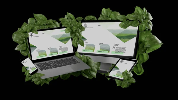 View of Connected devices surrounding by leaves 3d rendering