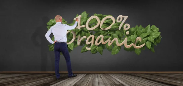 Vista Hombre Negocios Frente Logotipo Madera 100 Orgánico Con Hojas — Foto de Stock