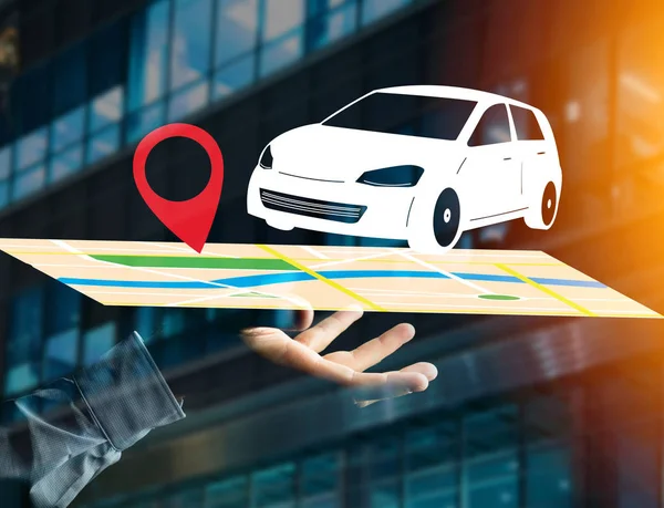 View of a Car on a map with a pin holder - GPS and localization concept