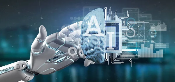Utsikt Över Cyborg Hand Hålla Artificiell Intelligens Ikon Med Halv — Stockfoto