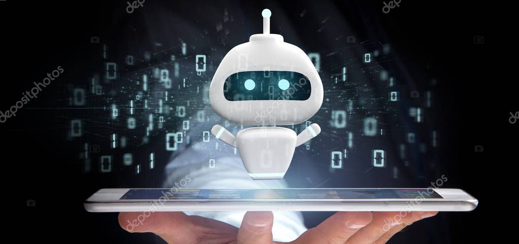 View of Businessman holding Chatbot with binary code 3d rendering