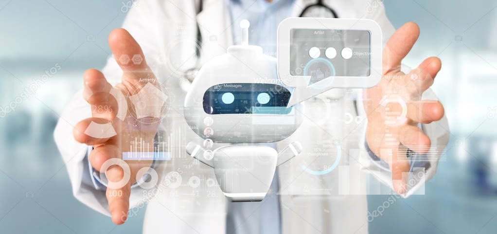 View of Doctor holding Chatbot with binary code, message and data 3d rendering