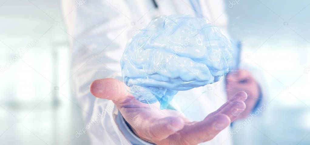 View of a Doctor holding a 3d rendering artificial brain