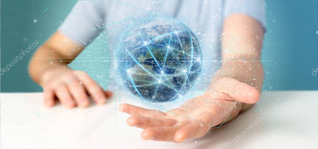 View of a Man holding Connection around a world globe isolated 3d rendering