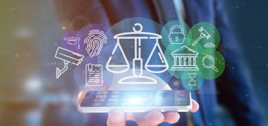 Adalet ve hukuk simgesi kabarcık veri 3d render ile bir bulutu tutan işadamı görünümünü