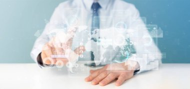 Kullanıcı arabirimi ekranlarını simgesi, İstatistiklerimiz ve verilerimiz 3d render ile tutan işadamı görünümünü