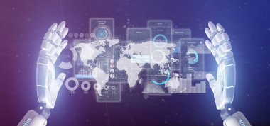 Kullanıcı arabirimi ekranlarını simgesi, istatistikleri ve veri 3d render ile tutan Cyborg el görünümünü