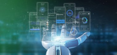 Kullanıcı arabirimi ekranlarını simgesi, istatistikleri ve veri 3d render ile tutan Cyborg el görünümünü