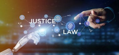 Adalet ve hukuk simgesi kabarcık veri 3d render ile bir bulutu tutan Cyborg el görünümünü