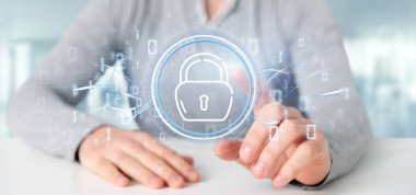 Güvenlik asma kilit tekerlek simgesi ile durum ve ikili kod 3d render tutan işadamı görünümünü