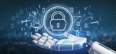 Güvenlik asma kilit tekerlek simgesi ile durum ve ikili kod 3d render tutan Cyborg görünümünü