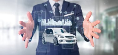 Pano smartcar arayüzü ile çoklu ortam simgesi ve şehir harita 3d render bir arka plan üzerinde tutan işadamı görünümünü