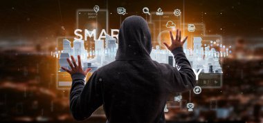 Hacker adam akıllı şehir Kullanıcı arabirimi simgesini, istatistikleri ve veri 3d render ile tutarak görünümünü