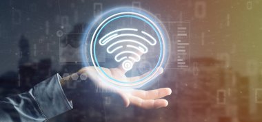 Wifi simgesi ile durum ve ikili kod 3d render tutan işadamı görünümünü