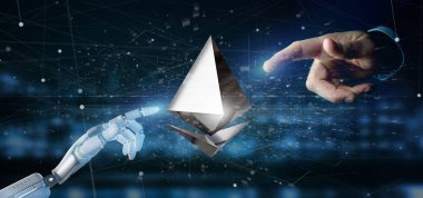 Bir ağ bağlantı - 3d render etrafında uçan bir Ethereum kripto para birimi işaret tutan bir Cyborg el görünümünü