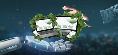 Yaprakları 3d render tarafından çevreleyen bir bağlı cihazlar tutan bir Cyborg görünümünü