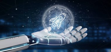 Roket bir küre 3d render üzerinde bir başlangıç tutan bir Cyborg el görünümünü