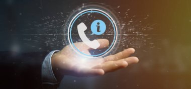 Bir müşteri ve yardım hattı hizmet düğmesini 3d render tutan bir işadamı görünümünü