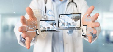 Bir aygıt tutan bir doktor görünümünü bulut multimedya ağa 3d işleme bağlı