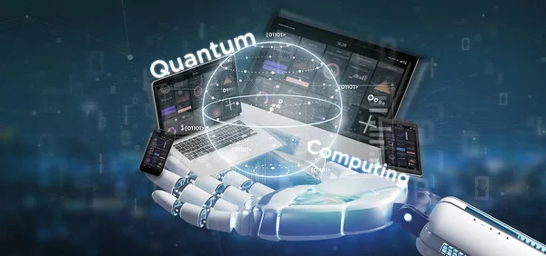 Zobacz Cyborg Dłoni Trzymając Quantum Computing Koncepcja Kubit Urządzenia Renderowania — Zdjęcie stockowe
