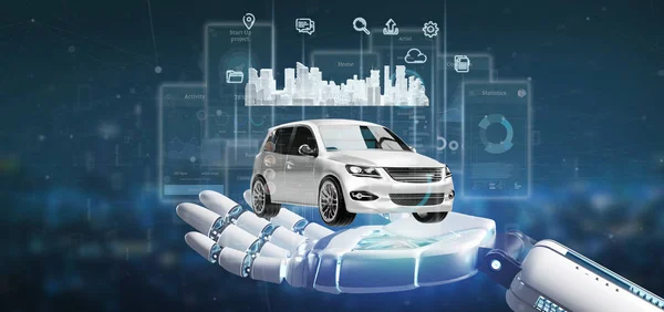 View Cyborg Hand Holding Dashboard Smartcar Interface Multimedia Icon City — Stock Photo, Image