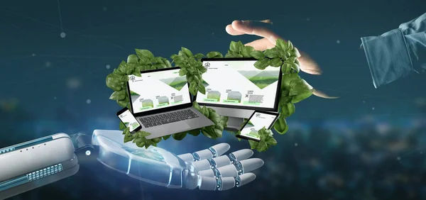 View of a Cyborg holding a Connected devices surrounding by leaves 3d rendering