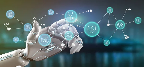 View of a Cyborg hand holding a  Medical icon and connection 3d rendering