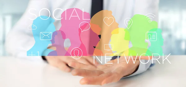 Vista Empresário Segurando Uma Rede Social Colorida Trabalho Equipe Com — Fotografia de Stock