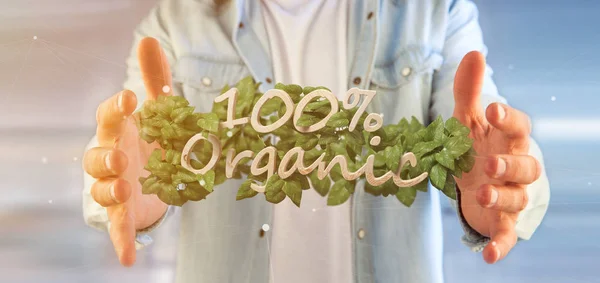 Vista Empresário Segurando Logotipo Madeira 100 Orgânico Com Folhas Torno — Fotografia de Stock