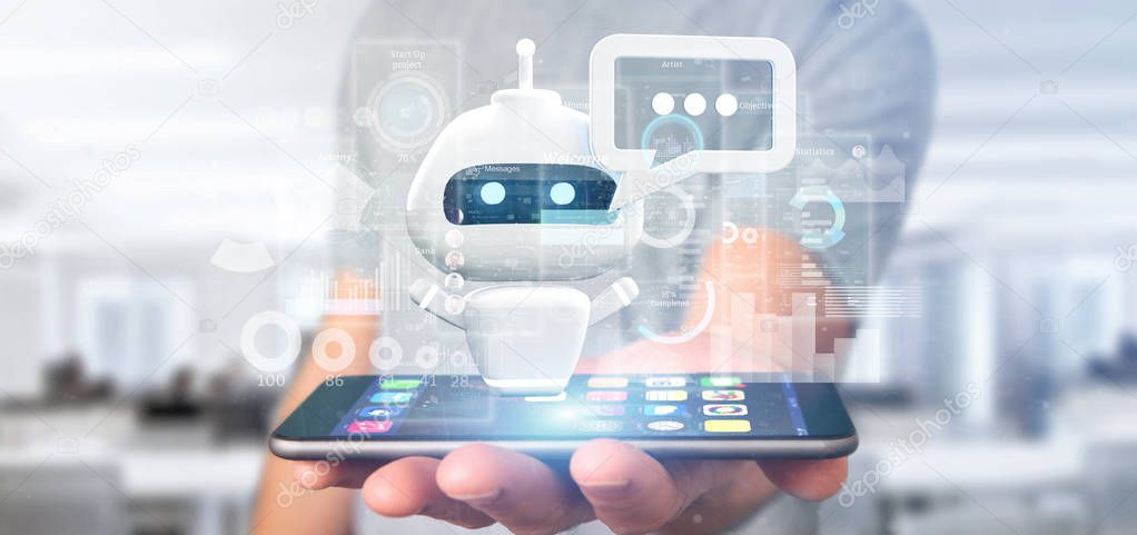 View of Businessman holding Chatbot with binary code, message and data 3d rendering
