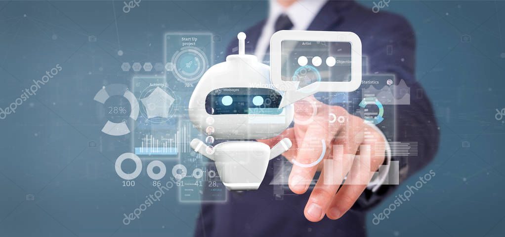 View of Businessman holding Chatbot with binary code, message and data 3d rendering