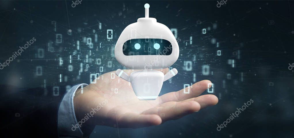 View of Businessman holding Chatbot with binary code 3d rendering