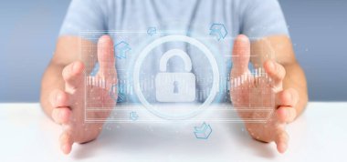 Bir asma kilit web güvenlik kavramı 3d render tutan bir adam görünümü