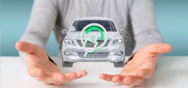 Bir elektrik smartcar kavramı 3d render tutan bir adam görünümü